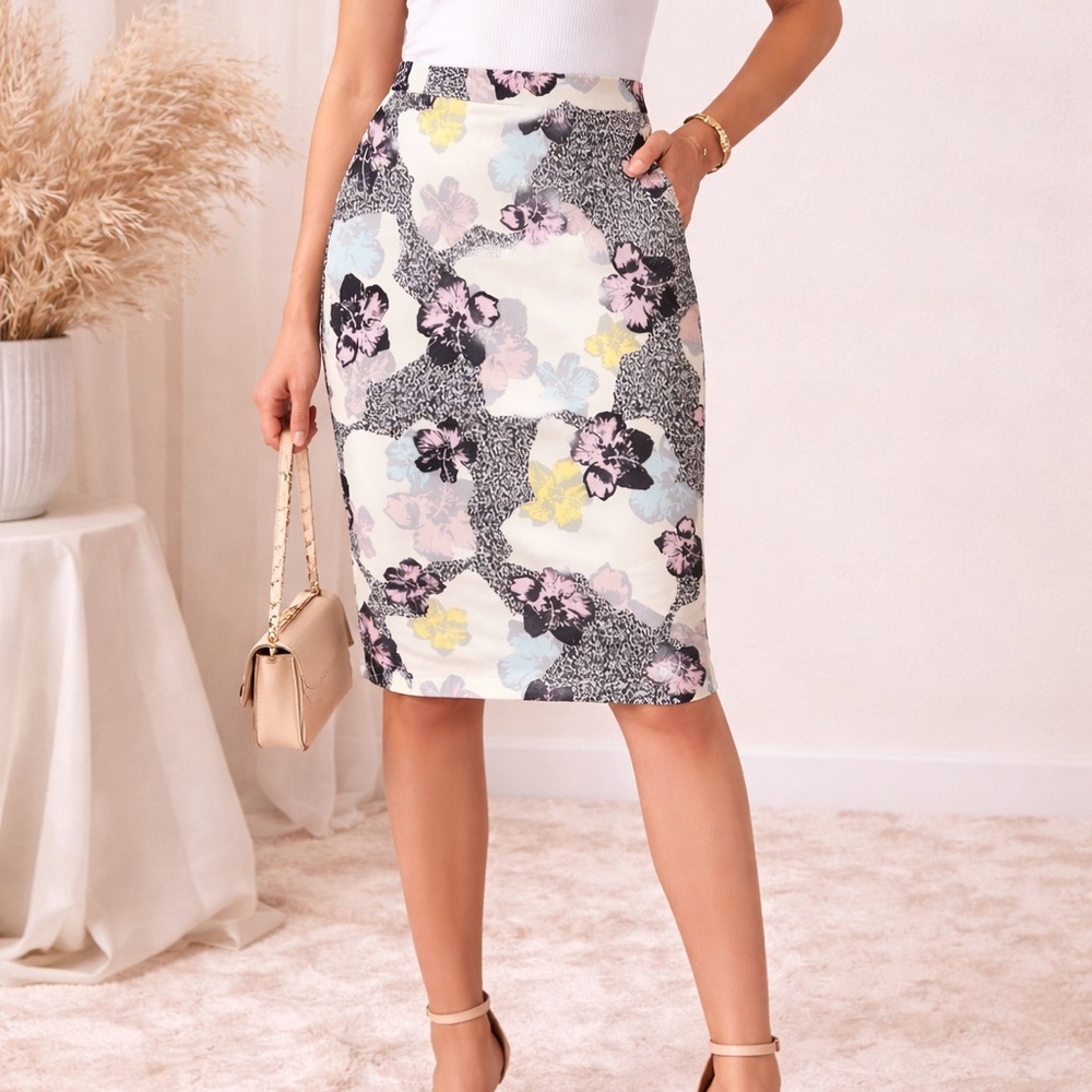 Bar 3 Floral Pencil Skirt Size L Stretch Knee Length Work Office Chic